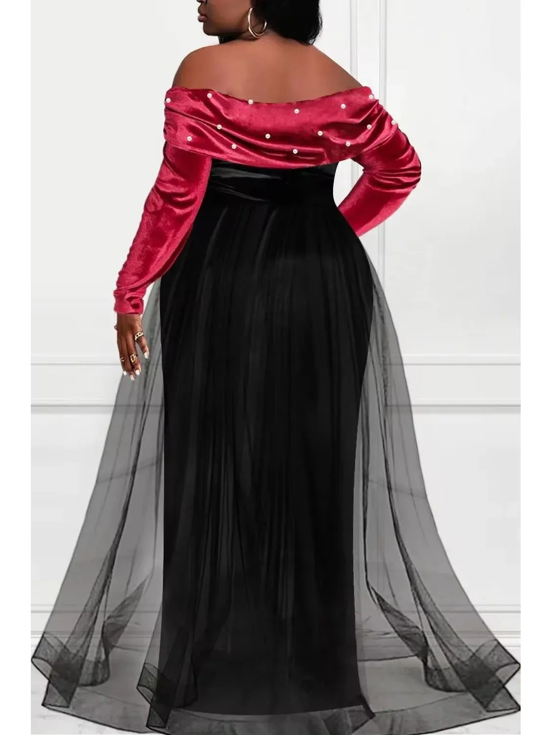 

plus Size Women's Formal Dr off the oulder Pearl Embellied Cleanfit Sle Mid-Length A-Line Sve Thi Winter Wear