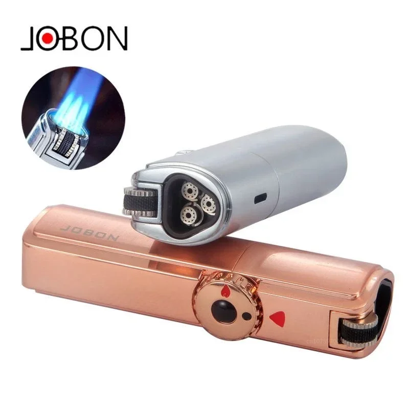 Jobon Powerful Three Straight Blue Flame Grinding Wheel Windproof Cigar Lighter Gas Torch Lighter Turbo Spray Gun Men\'s Gadgets