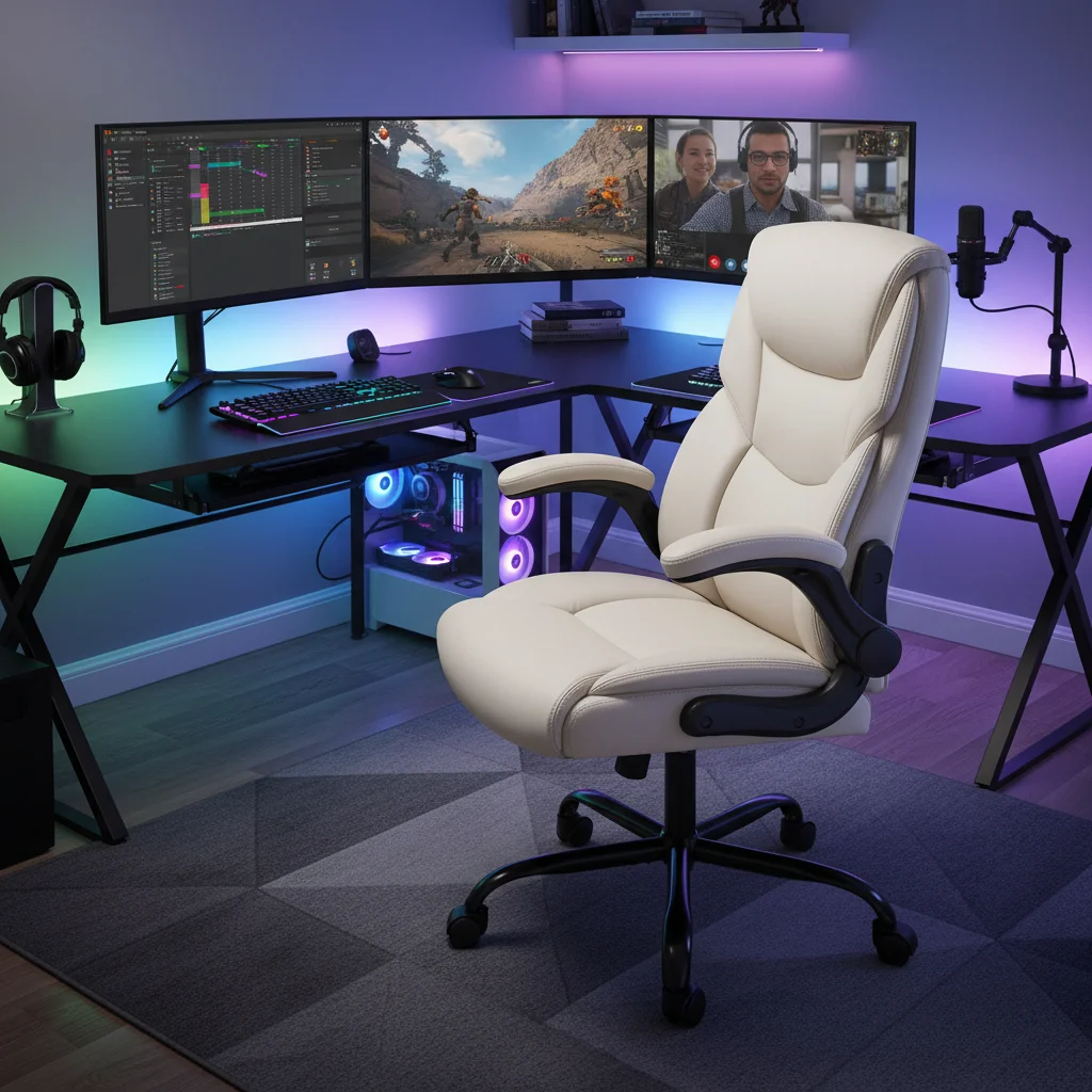 كرسي مكتب تنفيذي مريح من جلد البولي يوريثان، كرسي مكتب كمبيوتر دوار مع دعم قطني، أذرع قابلة للطي قابلة للتعديل، أبيض