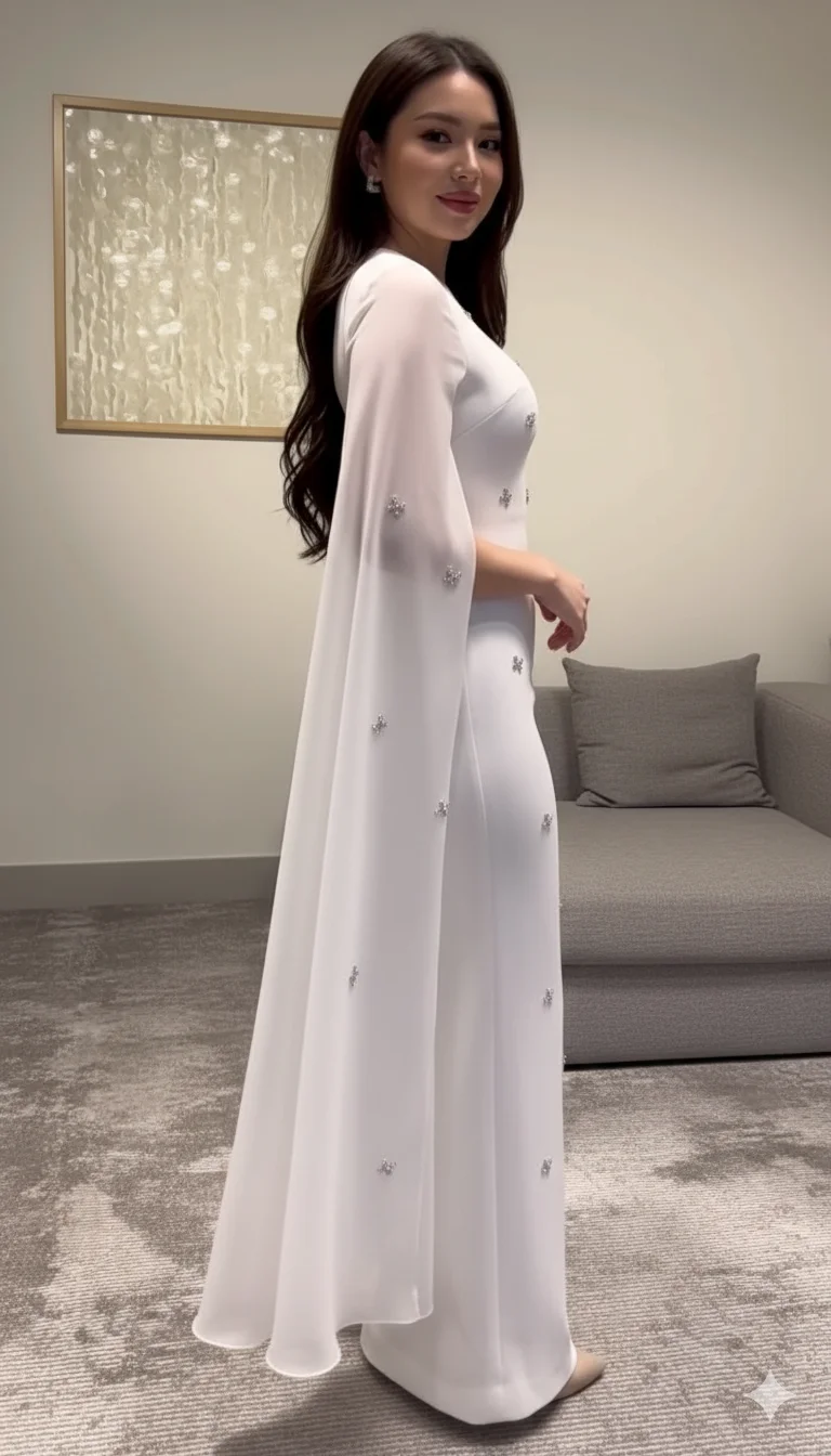 Vestido de noche blanco brillante con cuello alto, vestido de noche de sirena, cuentas elegantes y mangas tipo chal, vestido de fiesta árabe personalizado