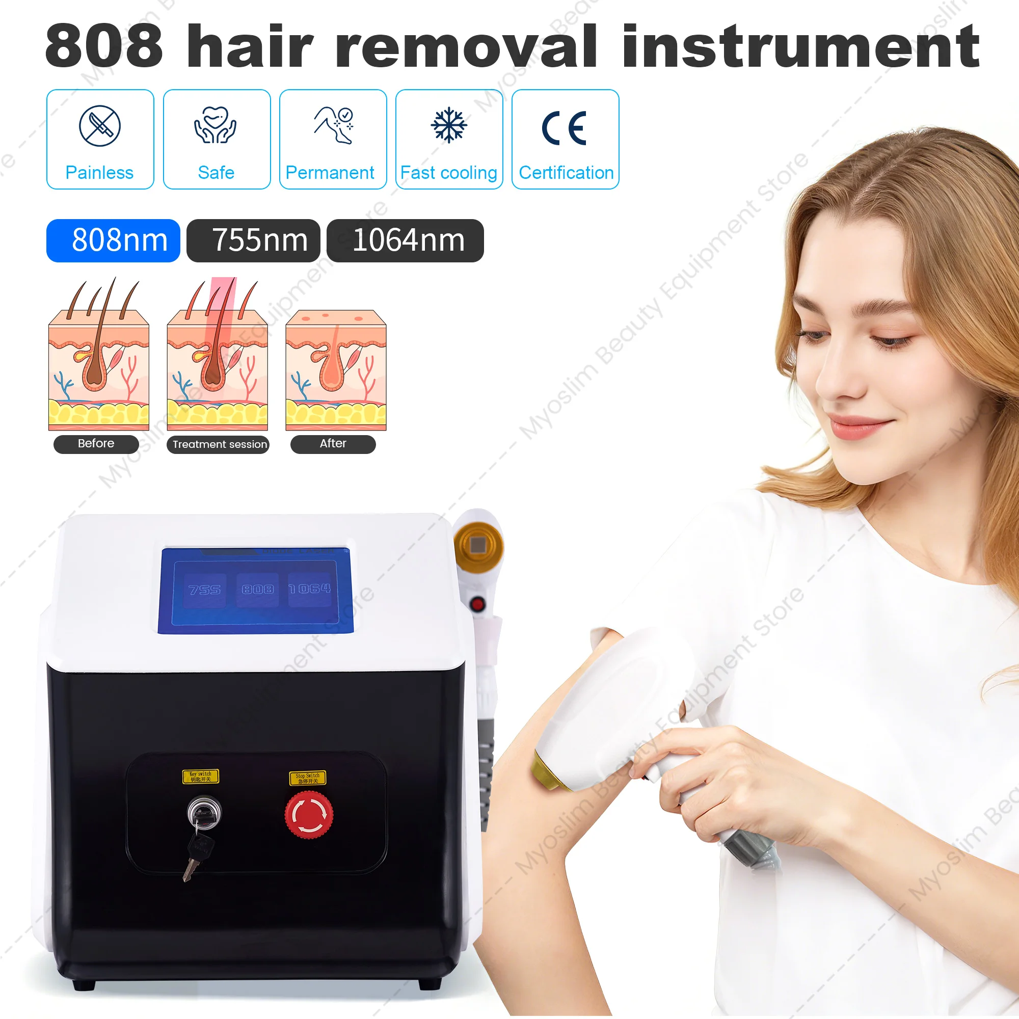 Portable 808 Diode Laser Hair Removal 755/808/1064nm Permanent Hair Removal Machine Skin Rejuvenation Device for Beauty Salon