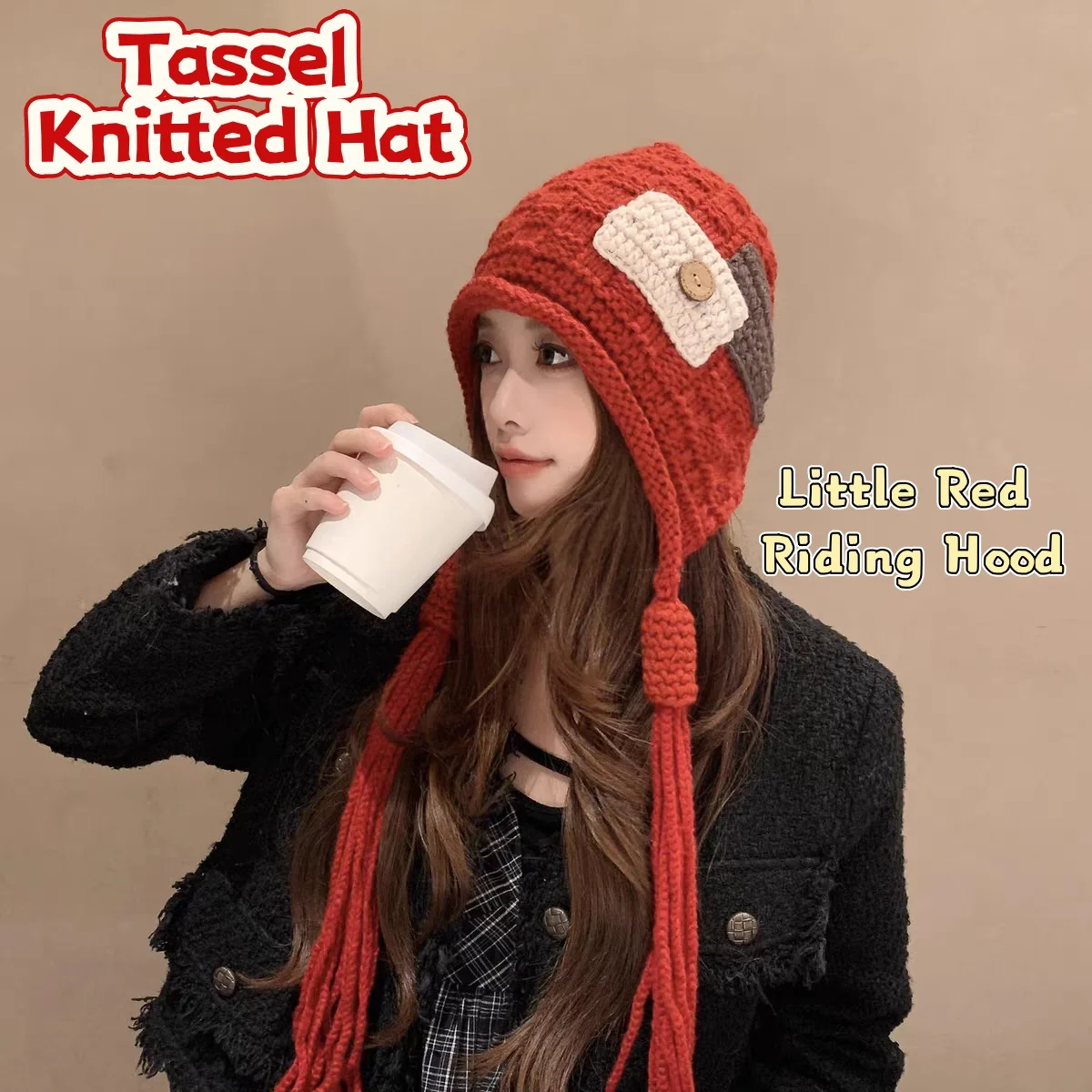 Color Block Ear Protection Knit Beanie, Warm Winter Hat for Women, Vintage Button Knitted Cap Multiple Colors