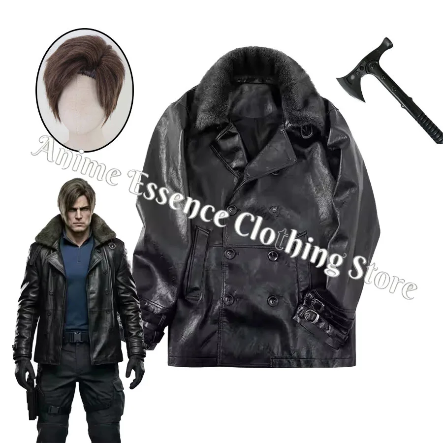 

Biohazard Resident 9 Requiem Leon Scott Kennedy Halloween Cosplay Costumes Black Faux Leather Jacket With Faux Fur Collar