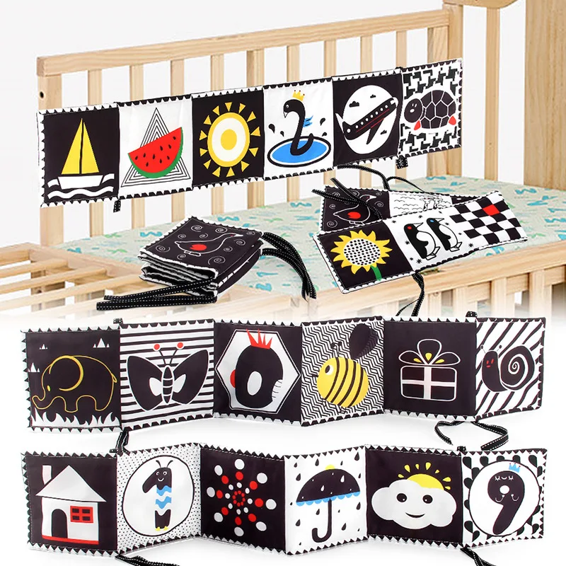 Livro de pano sensorial para bebês, brinquedos para berço, livros de pano de animais preto e branco, aprendizagem precoce, livros montessori para bebês e crianças