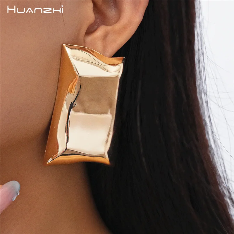

HUANZHI преувеличенные металлические гладкие нерегулярные прямоугольные серьги персонализированные геометрические массивные украшения для женщин