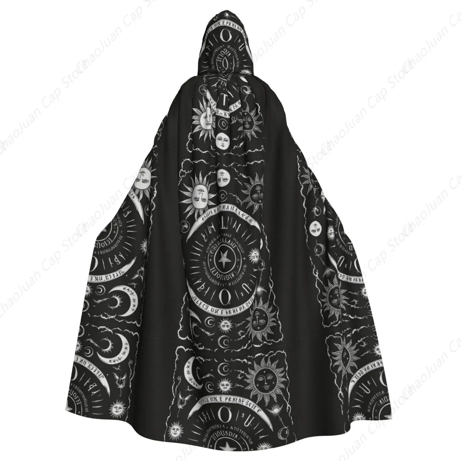 Christmas Cosplay Cape, Full Length Hooded Cloaks Tunic Friar Cloak for Unisex,Magical Sun and Moon Spirit Board Black Art Cloak