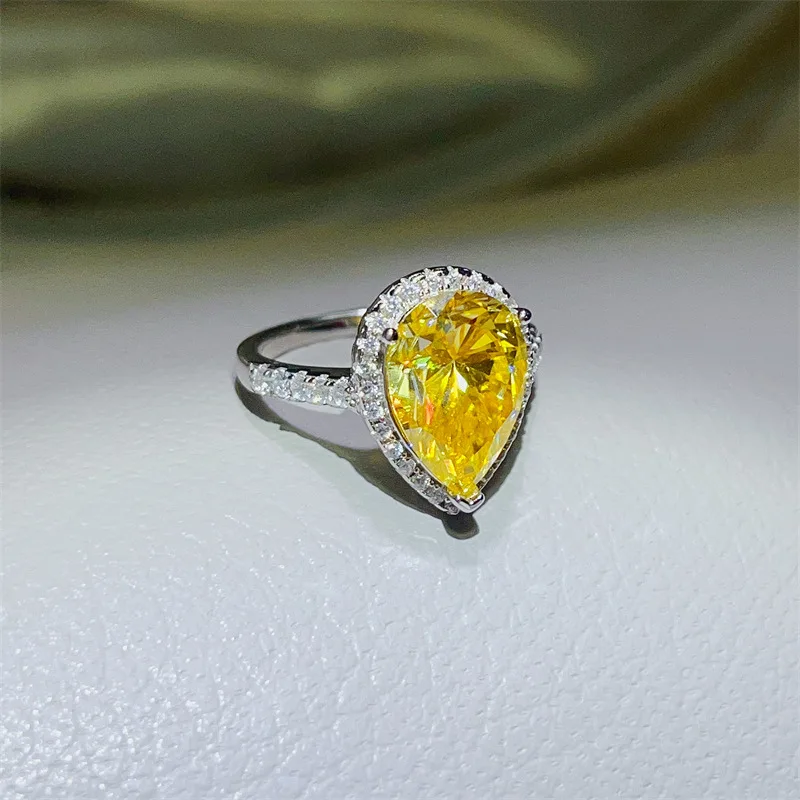 Clear Crystal Yellow Diamond Pear Ring For Women 5ct Moissanite PT950 Platinum | Flawless texture, transparent and high-end
