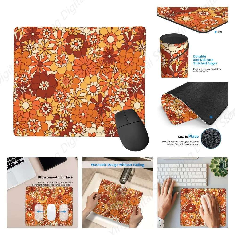 Retro Bohemian Hippie Flower Mouse Pad Non Slip Rubber Durable Stitching Edge Gaming Computer Mouse Pad For Home Office 25*30cm