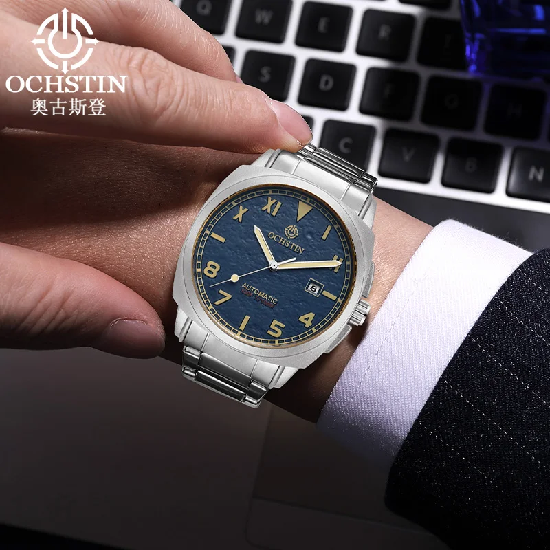 OCHSTIN Men Watch Automatic Unique California Dial Army Cushion Case Auto Date Mechanical Luxury Stainless Steel Band Male Dress