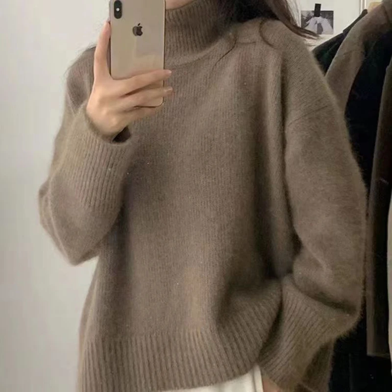 

Vintage Casual Knitted Sweater Women Long Sleeve Solid Simple Turtleneck Pullovers Fall Winter Loose Lazy Wind Bottoming Jumpers