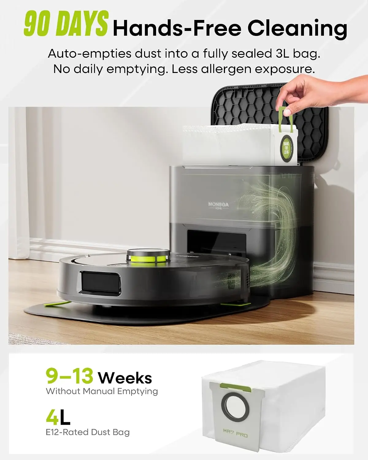 ^For Robot Vacuum and Mop, 90 Days Self-Emptying with 8000Pa Suction | Dual Anti-Tangle for Pet Hair, Carpet and Hard Floor, LiD