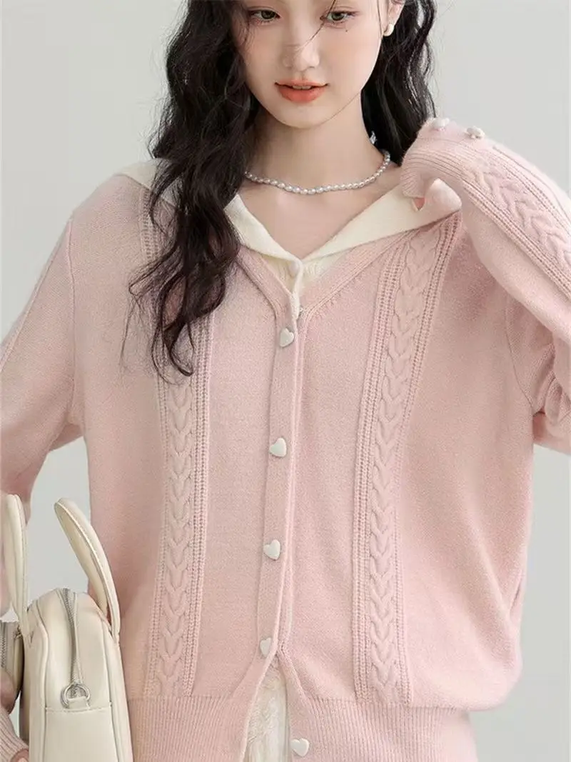 

Корейский розовый милый милый кардиган женский свитер с длинным рукавом в стиле пэчворк с капюшоном вязаные свитера ленивый ветер модный консервативный стиль