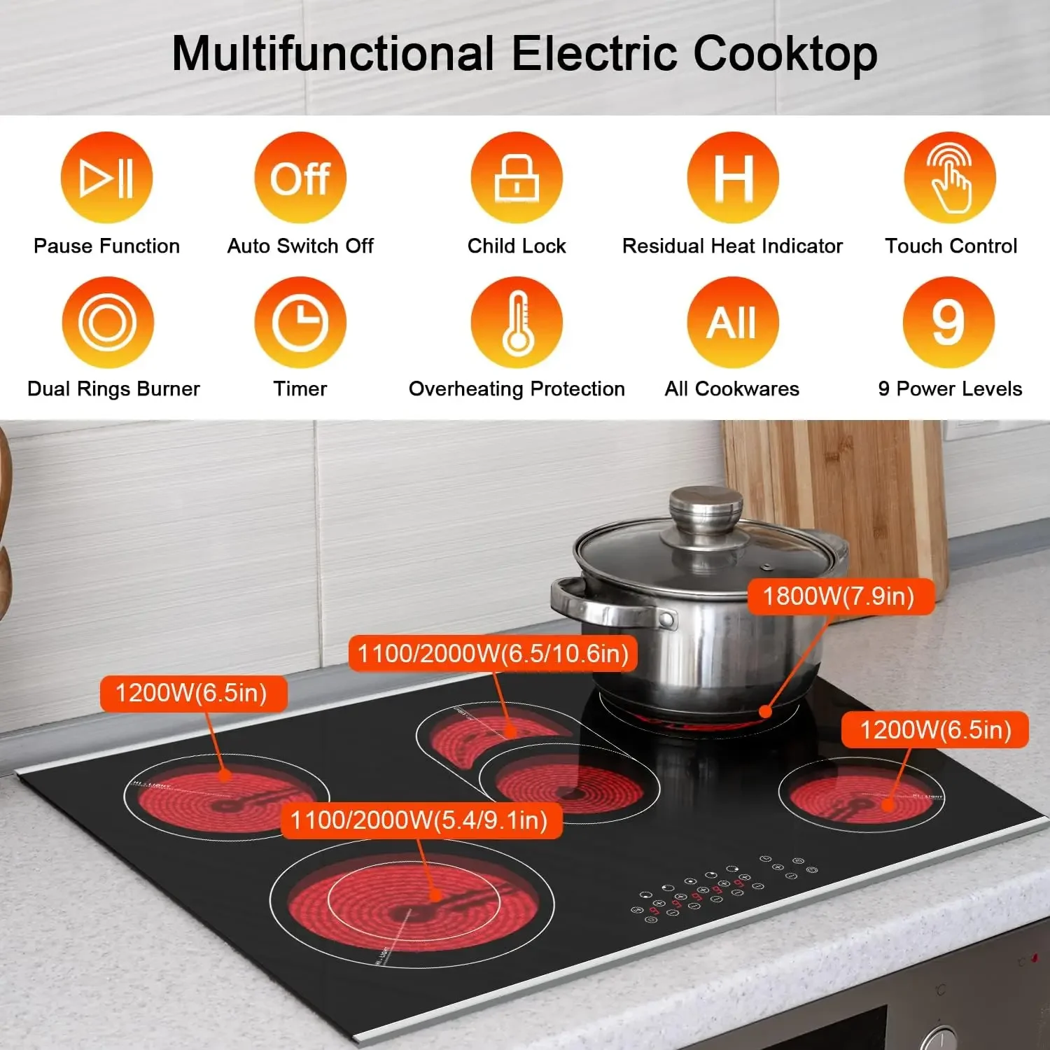 Electric Cooktop 5 Burners Electric Stove Ceramic Cooktop, Drop-in Electric Radiant Cooktop with Front and Back Metal Frame, Chi
