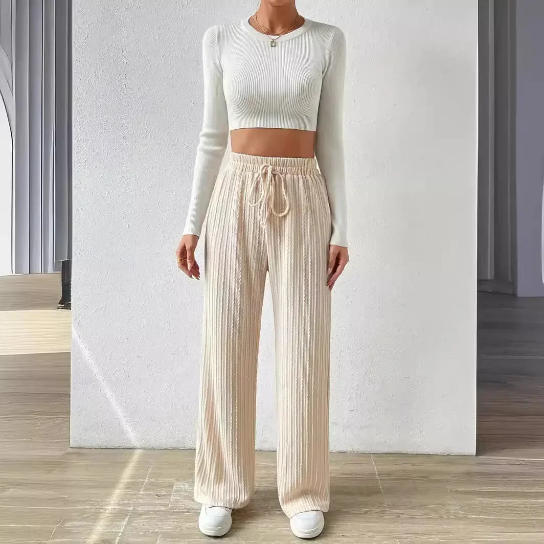 2024 New Texture Knitted Wide Leg Pants Elastic High Waist Solid Color Casual Loose Straight Tube Women's Clothing Apricot Black