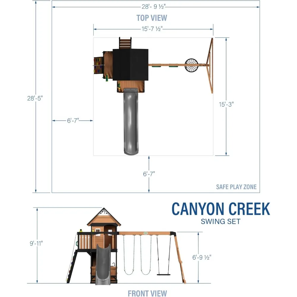 Playhouse，Backyard Discovery Canyon Creek All Cedar Wood Swing Set W/Grey Wave Slide, Playhouse W/Grill,Plastic Food,Picnic Area