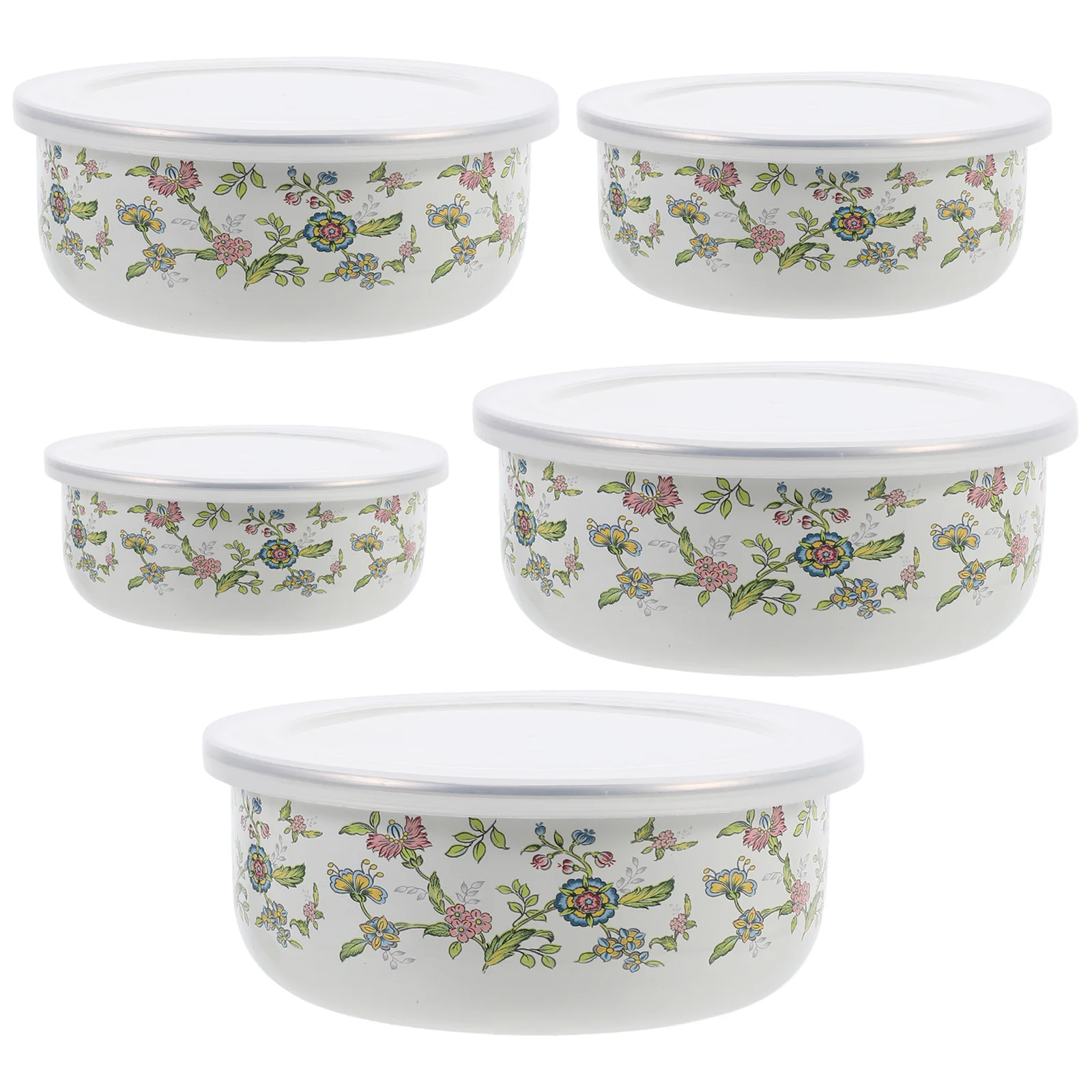 5 Pcs Set of Bowls Deep Enamel Kitchen Supplies Food Storage Instant Noodle Fruit Containers with Lids