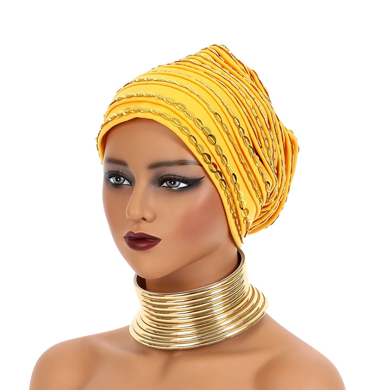 African Women Sequin Turban Hat Beaded Stretch Head Wrap Ladies Muslim Headscarf Soft Elastic Pleated Headwear Party Cap Mujer 4