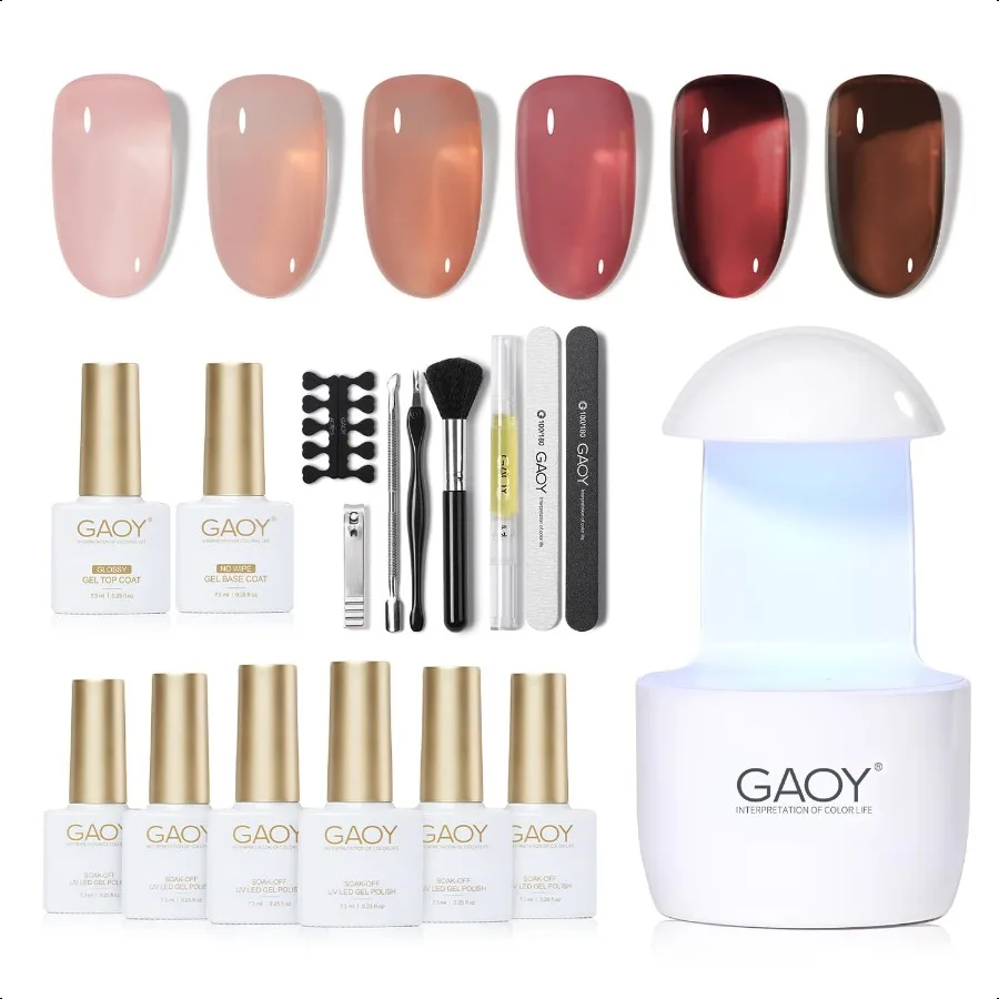 

GAOY Gel Nail Polish Kit with UV Light for Beginners 6 Colors Sheer Nude Red Pink Brown Gel Polish Kit with Top and Base Coat f