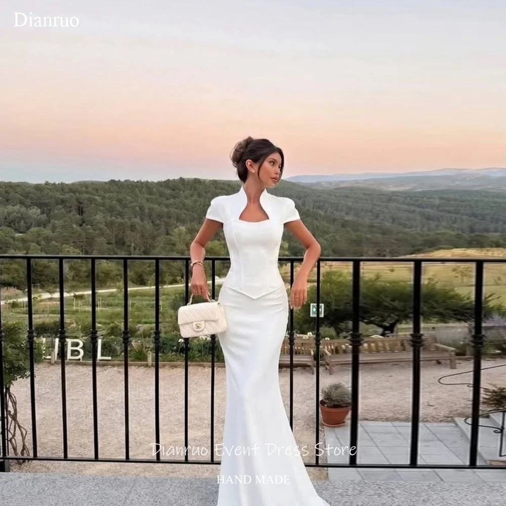 Dianruo Stand Collar Handmade Wedding Dress Short Sleeves Bridal Robe De Mariée Satin Long Saudi Arabric Evening Gown Customized