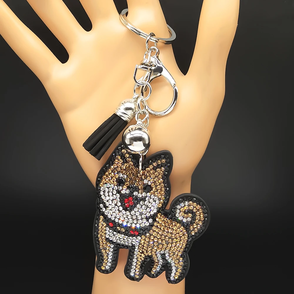 Precioso llavero de perro Akita marrón para mujeres y hombres, cristal negro con diamantes de imitación, Taseel Shiba Inu, llavero de animales para cachorros, regalos de joyería