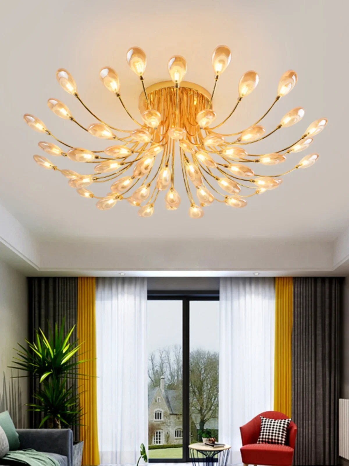 Peacock Open Screen Living Room Light Simple and Elegant Golden Phoenix Feather Lamp Nordic Bedroom LED Ceiling Light