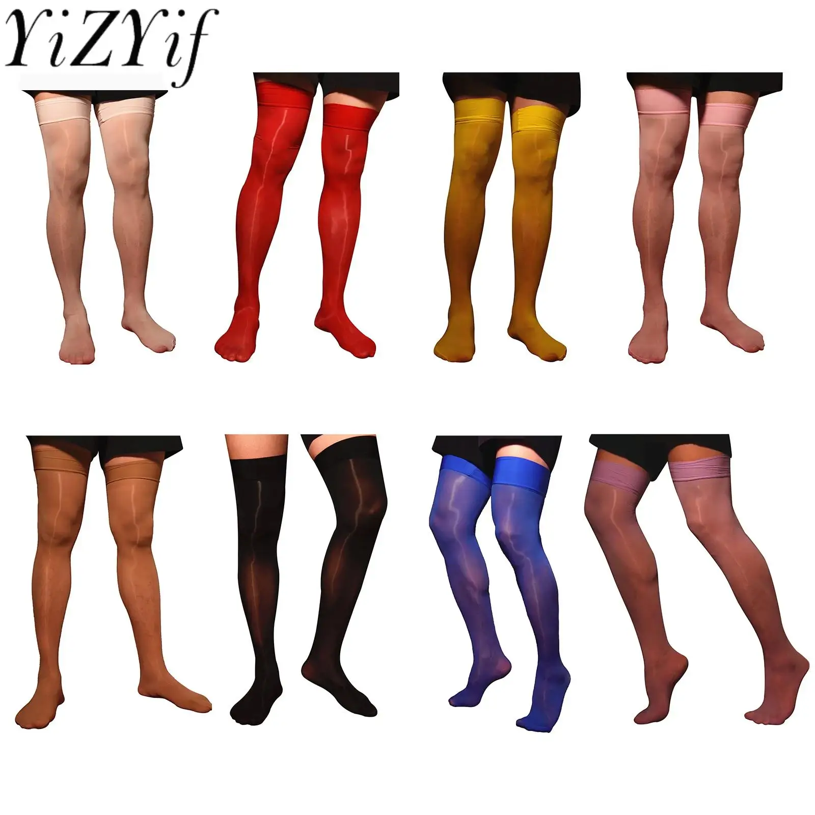 

Men Glossy See-through Stockings Thin Shiny Solid Color Stretchy Sheer Thigh High Socks Sissy Fishnet Hollow Out Mesh Hosiery