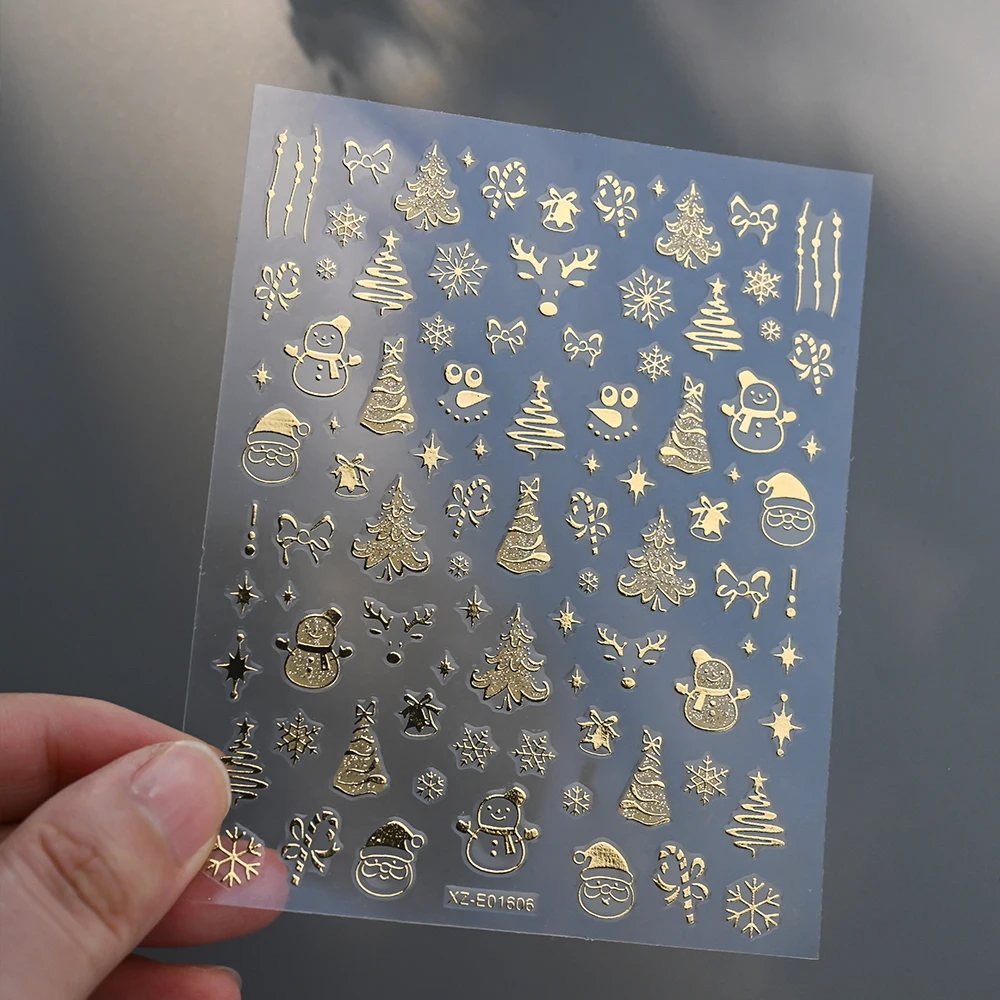 1 stücke 3D Gold Glitter Weihnachten Baum Schneemann Nagel Aufkleber Winter Schneeflocken Kristall Ball Cartoon Nagel Aufkleber DIY Charms Decorati