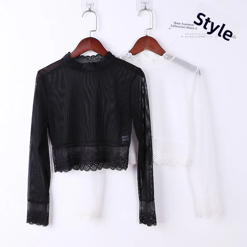 

2023 Spring Autumn Black White Lace Trim Collar Half Sleeve Long Sleeve Base Shirt Women's mid High Collar Inner Wear