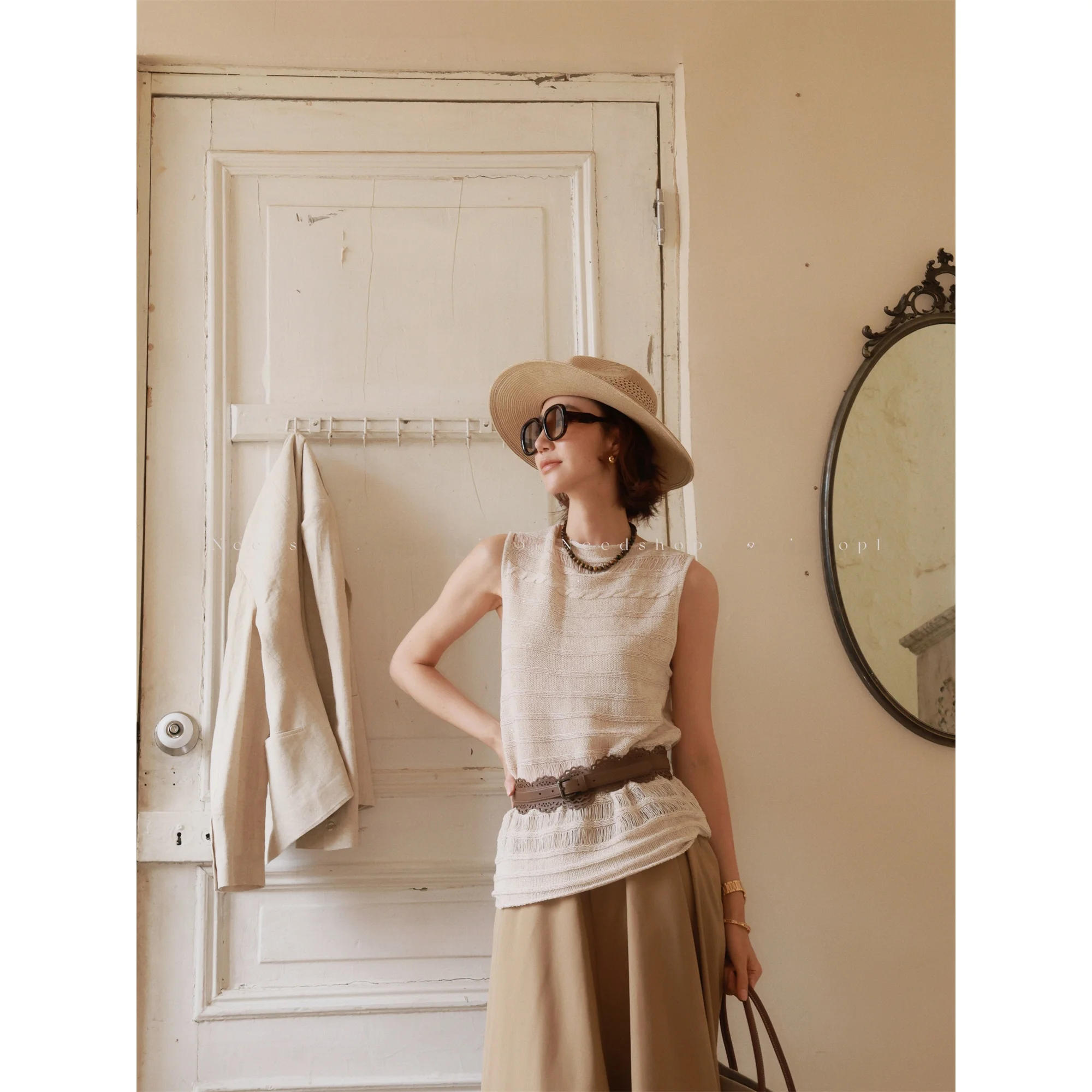 

NeedShop1 Simple Summer Knitted Hollow out Top Japanese Paper Silk Loose Fit round Neckline Lightweight Women's Innerwear
