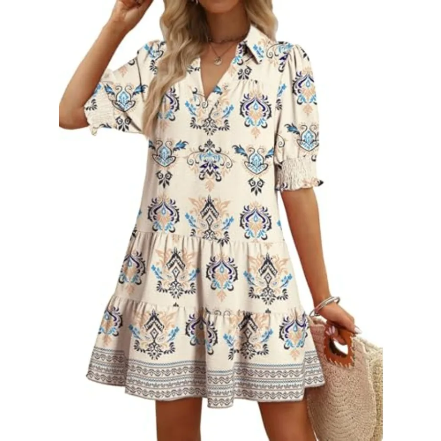 

Dokotoo Casual Dresses for Women Lapel Colla V Neck Mid Sleeved Pleated Summer Dresses for Women 2026 Midi Dresses