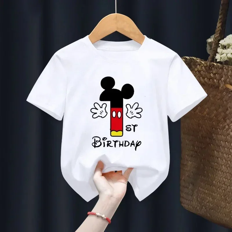 Disney Mickey Mouse Children T Shirt 2-14 Birthday Number Cotton T-shirt Birthday Gift Clothes Baby Letter Top Summer Kid Tshirt