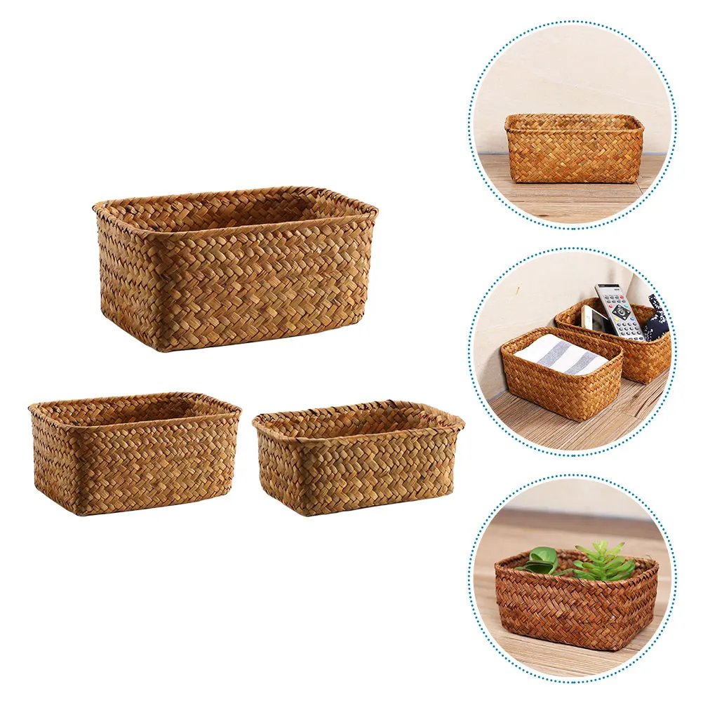 

3pcs Retro Straw Braid Storage Basket Multi-Functional Desktop Sundry Organizer Holder For Home Daily Use Container