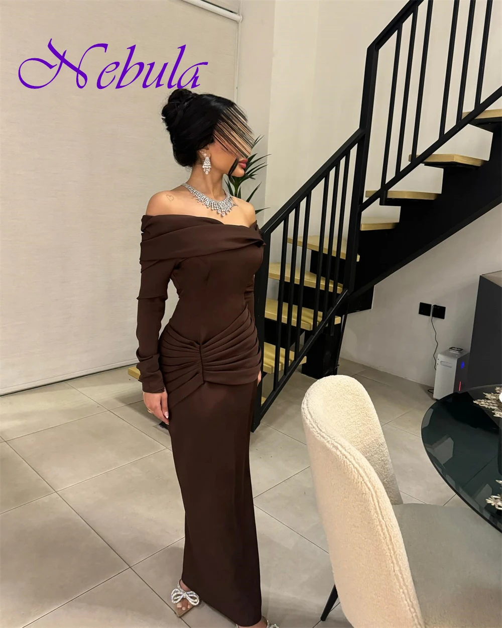 تخصيص مزاجه قارب الرقبة مساء اللباس حساسة جيرسي طويلة الأكمام فستان العودة للوطن الحديثة زيبر الظهر فستان الحفلة الراقصة