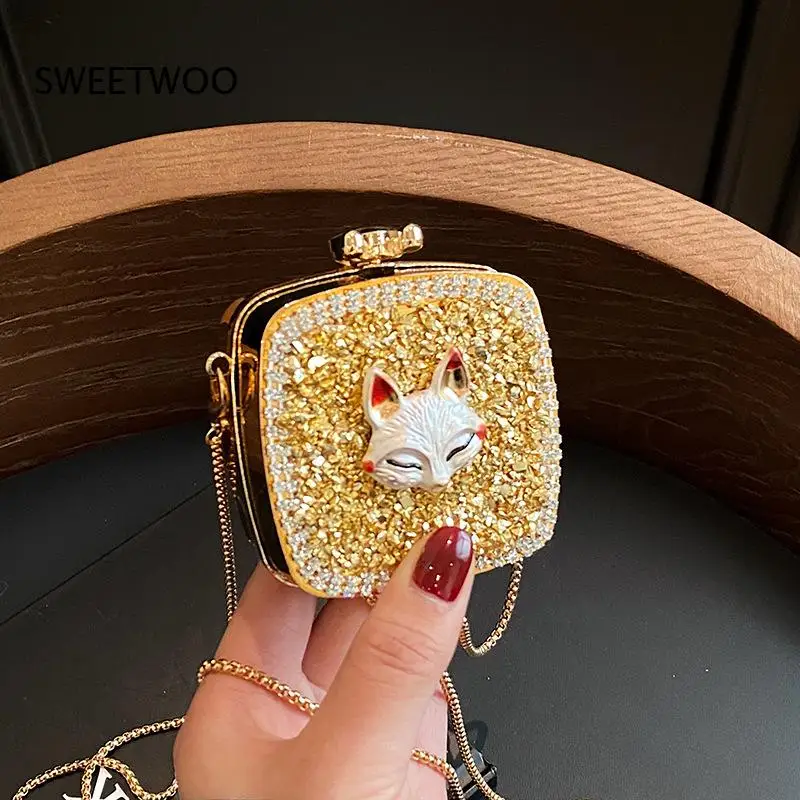 Fox Figure Rhinestone Box Clutch Bag Women Glitter Metal Chain Mini Crossbody Evening Shoulder Handbag
