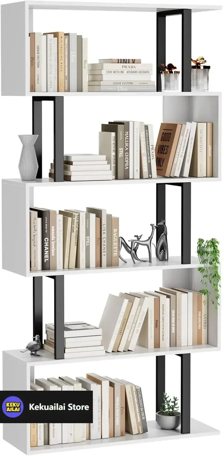 

5 Tier Geometric Bookcase,S Shaped Bookshelf, Wood Decorative Storage Shelving, Modern Freestanding Display Shelves
