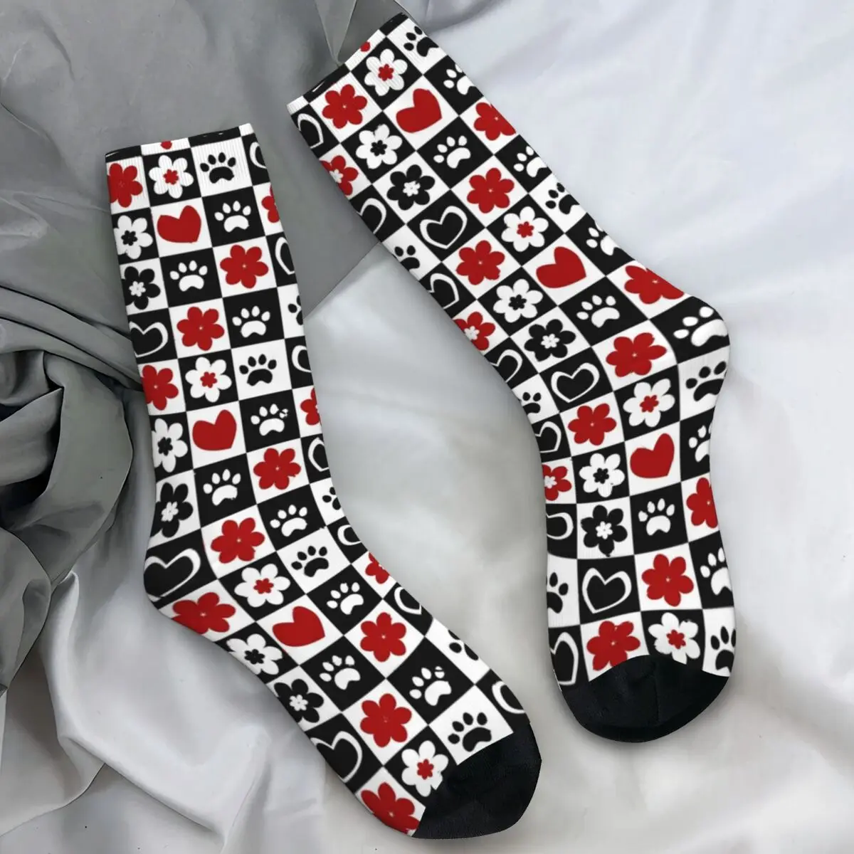 Chessboard Pattern Stockings Flowers Hearts Cat Footprint Graphic Elegant Socks Autumn Non Slip Socks Men Warm Soft Socks