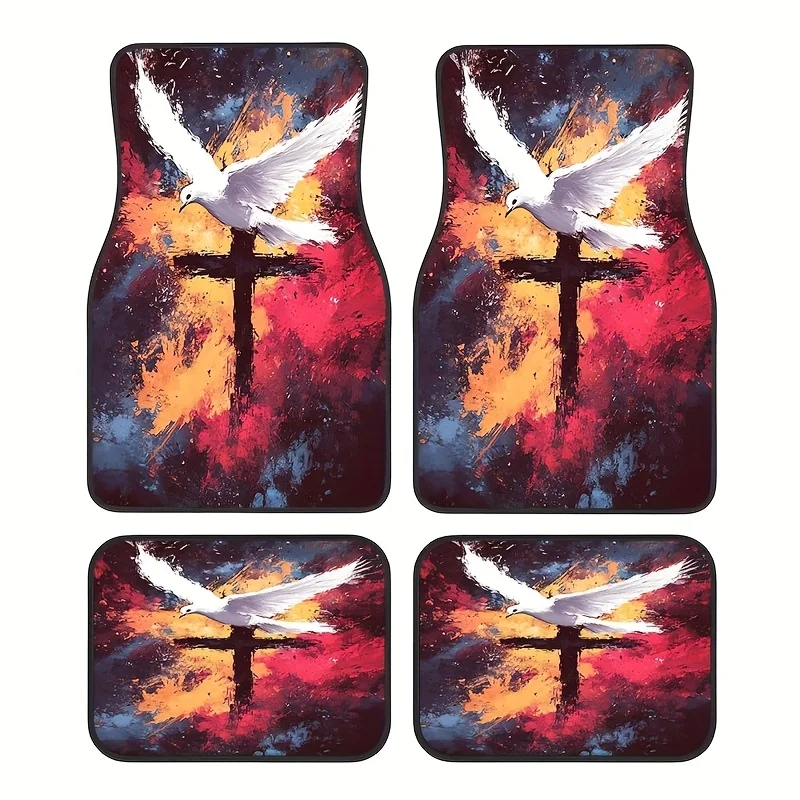 4pcs Christian Dove Cross Pattern Car Floor Mats | Polyester Fiber, Universal Fit For Front And Rear Seats, Enhances Car Interio