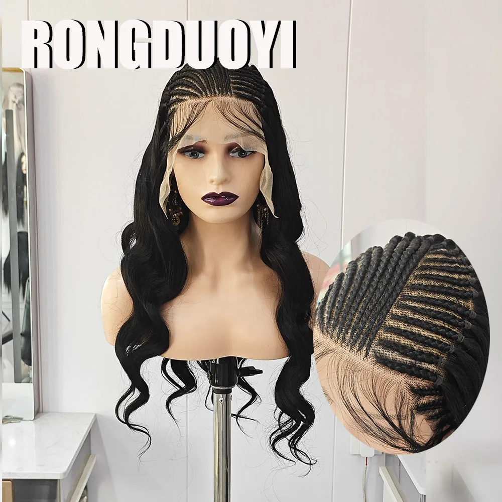 RONGDUOYI Black Braided Wave Synthetic Wig Black Braids with Baby Hair Body Wavy for Women Daily Used Braiding Lace Front Wig - view 2