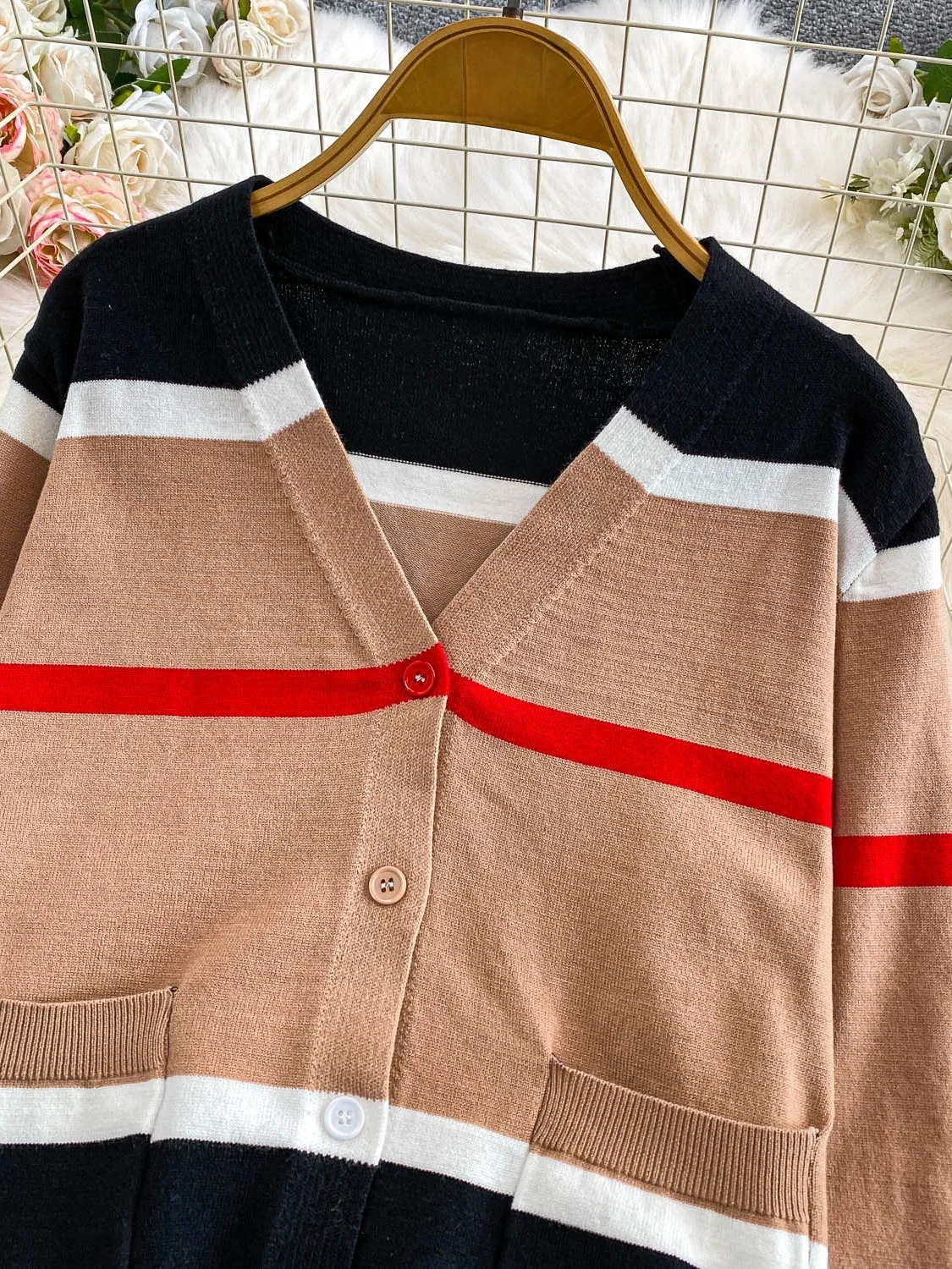 Süße Streifen V-Ne offene Strickjacke Damen locker gestrickt Top Winter Faion Design lässig bequeme Passform lange Sve Pullover