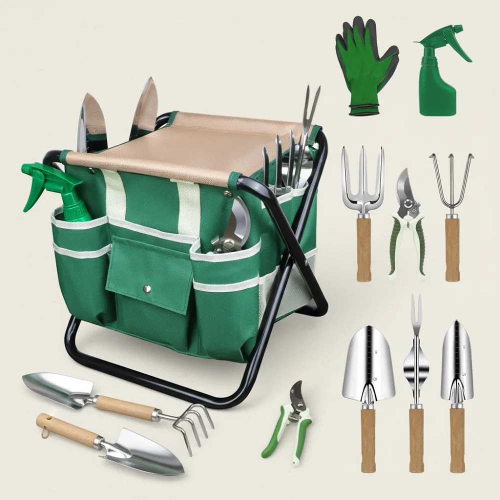 

10-Piece Heavy Duty Gardening Tool Kit with Folding Stool & Tote Bag, Stainless Steel Tools for Women Men