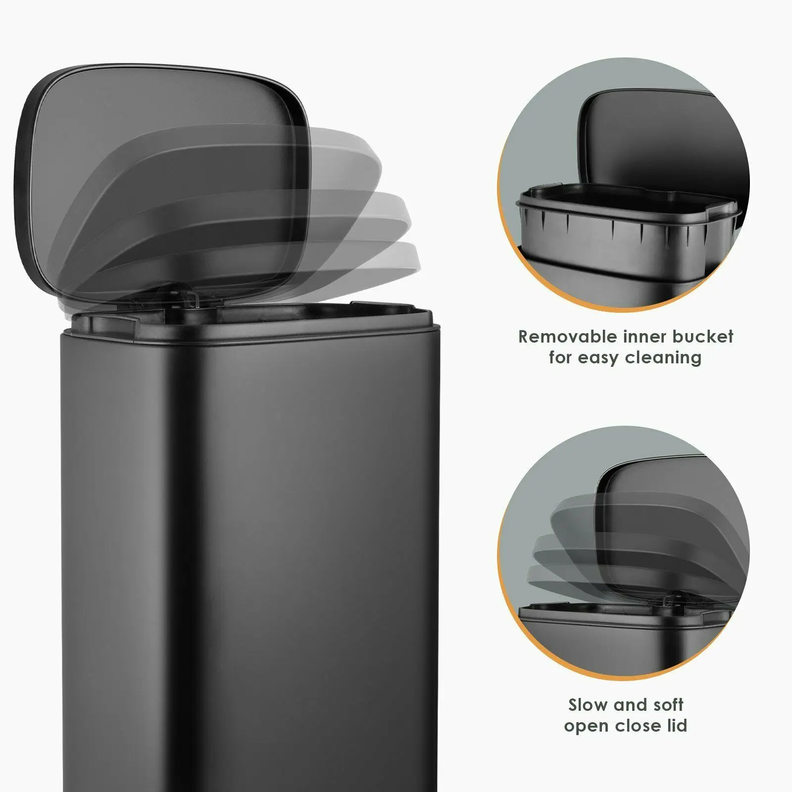

Rectangular Brushed Stainless Steel Trash Can, 30L , With Soft-Close Foot Pedal