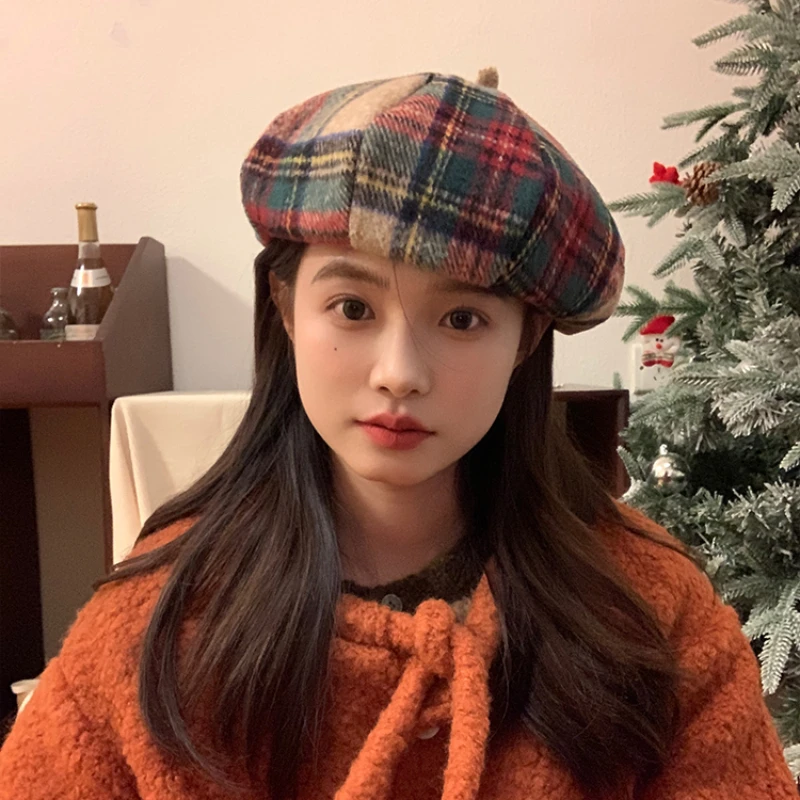 Retro Contrasting Color Plaid Berets Caps for Women Spring and Autumn Atmosphere Niche Design Versatile Cloud Octagonal Hats