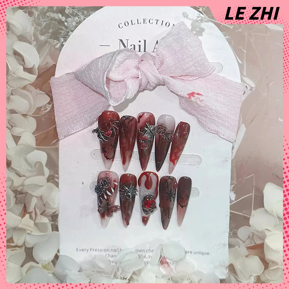 Indywidualność Spice Girl Blood Red Long Almond Wearable Press on Nails 3D Ruby Rose Decoration Fashion Artificial Full Cover Nail