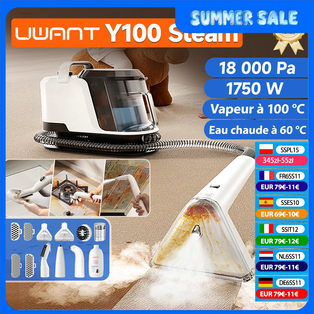 Nettoyeur de tapis à vapeur Uwant Y100 100 ° C Steam 18KPa 1750W brosse de pulvérisation aspiration auto-nettoyante plusieurs buses pour canapé voiture chaussure animal de compagnie