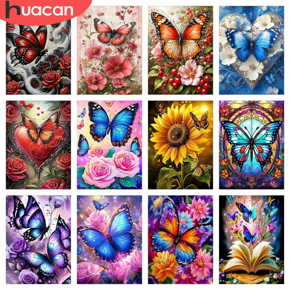 HUACAN - Kit Completo de Pintura de Diamantes 5D, Mosaico de Diamantes, Diseño de Mariposa y Animales, Punto de Cruz, Manualidades, Decoración del Hogar, Arte de Flores Rosadas