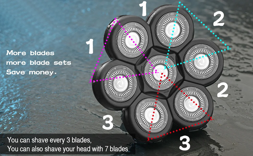7 Ersatzschneidköpfe für den Freebird Rasierer für Glatzköpfige, 7D Rasierköpfe – Detail 2