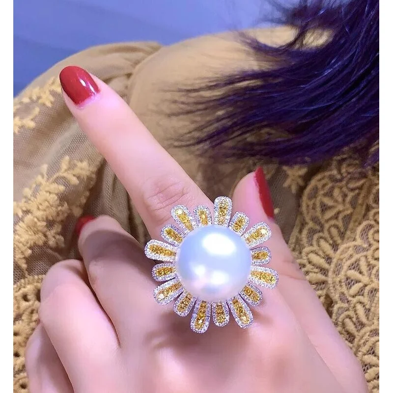 Gorgeous HUGE AAAAA  12-13mm South Sea White Stud Pearl Ring 925S