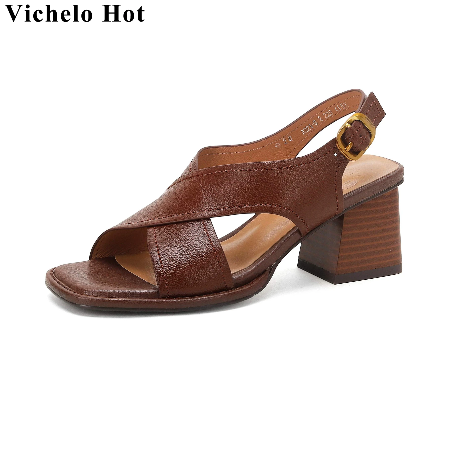 

Vichelo Hot Big Size Sheepskin Peep Toe Chunky High Heel Summer Shoes Back Straps Office Lady Vintage Casual Brand Women Sandals