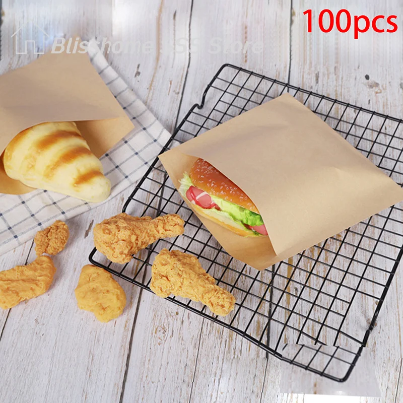 【S】100Pcs Single/Double Opening Grease Resistant Paper Treat Bags Flat Greaseproof Brown For Cookie Snack Sandwich Popcorn