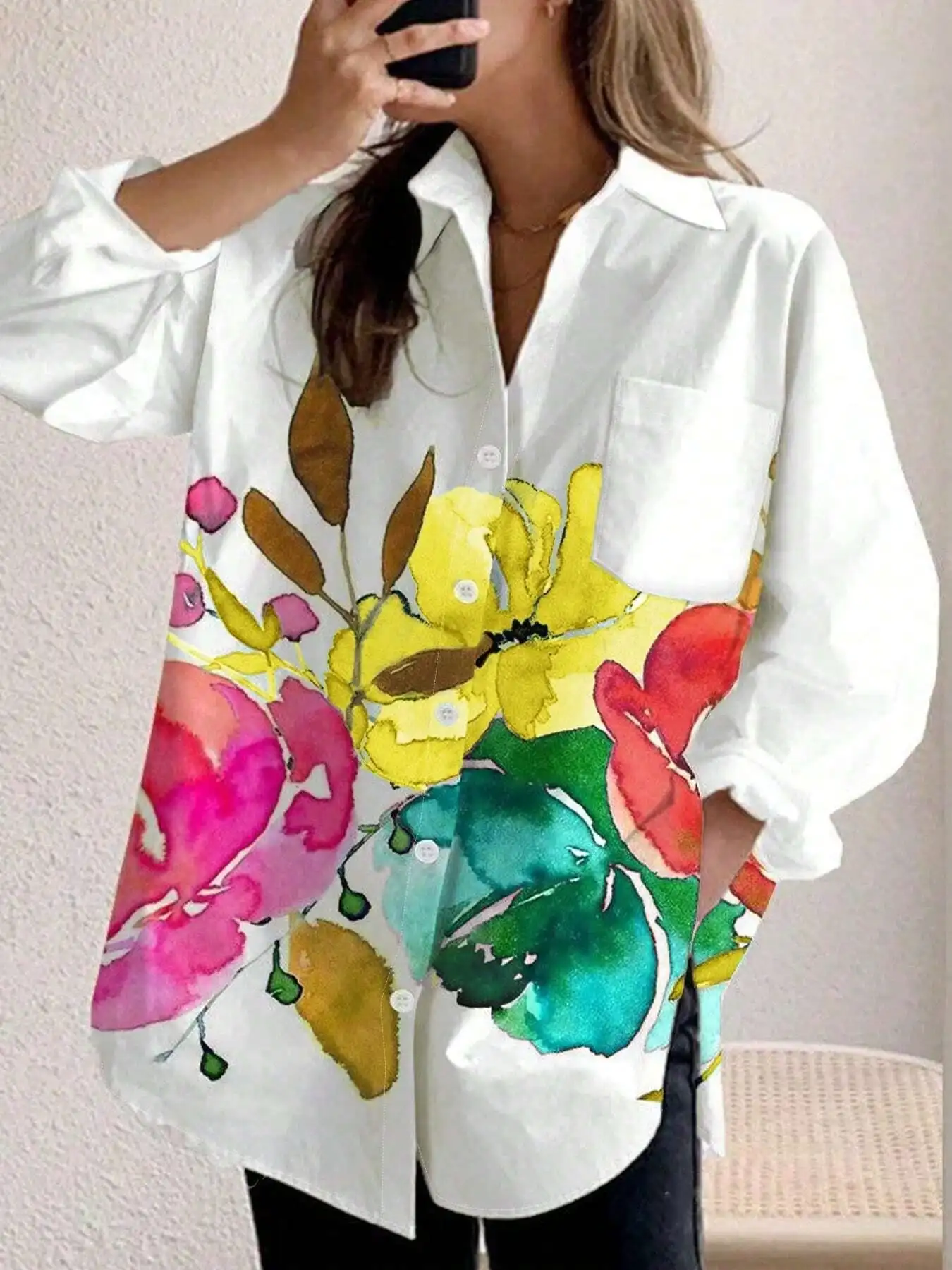 حجم كبير أزياء المرأة ربيع الخريف الأزهار طباعة جيب بأكمام طويلة قميص غير رسمي طية صدر السترة واحدة الصدر بلوزة فضفاضة قميص #1